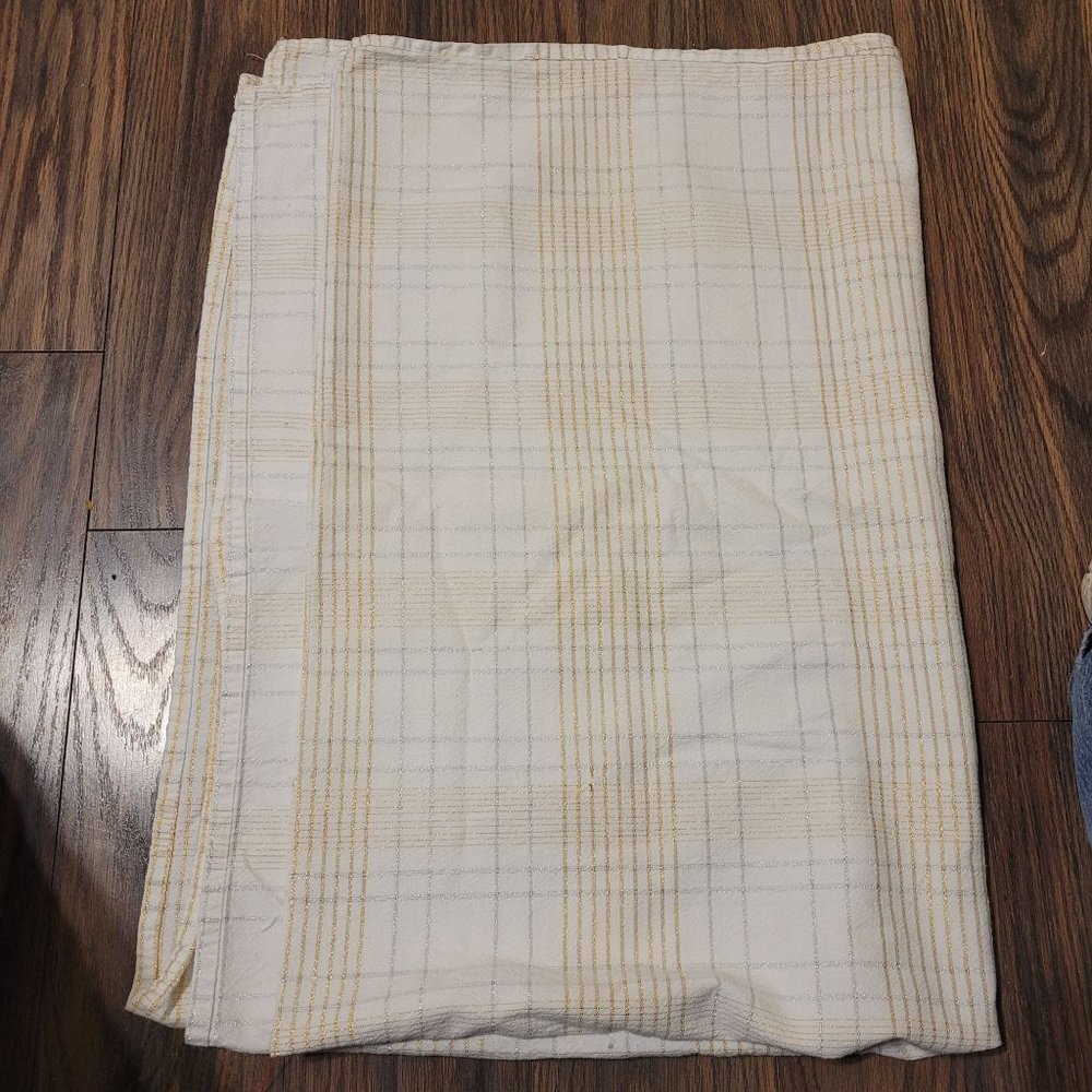 Vtg Tablecloth 50" x 64.25" beige with gold colored thread see pic of flaw
